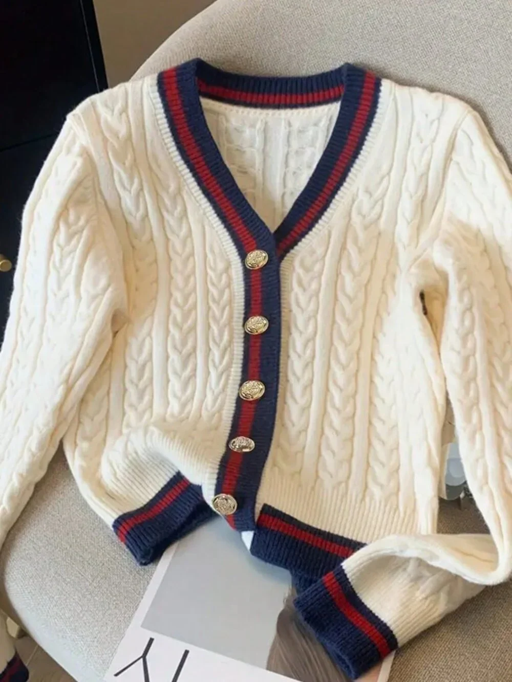 Apricot Casual Women's Striped Contrast Color Button Knit Cardigan